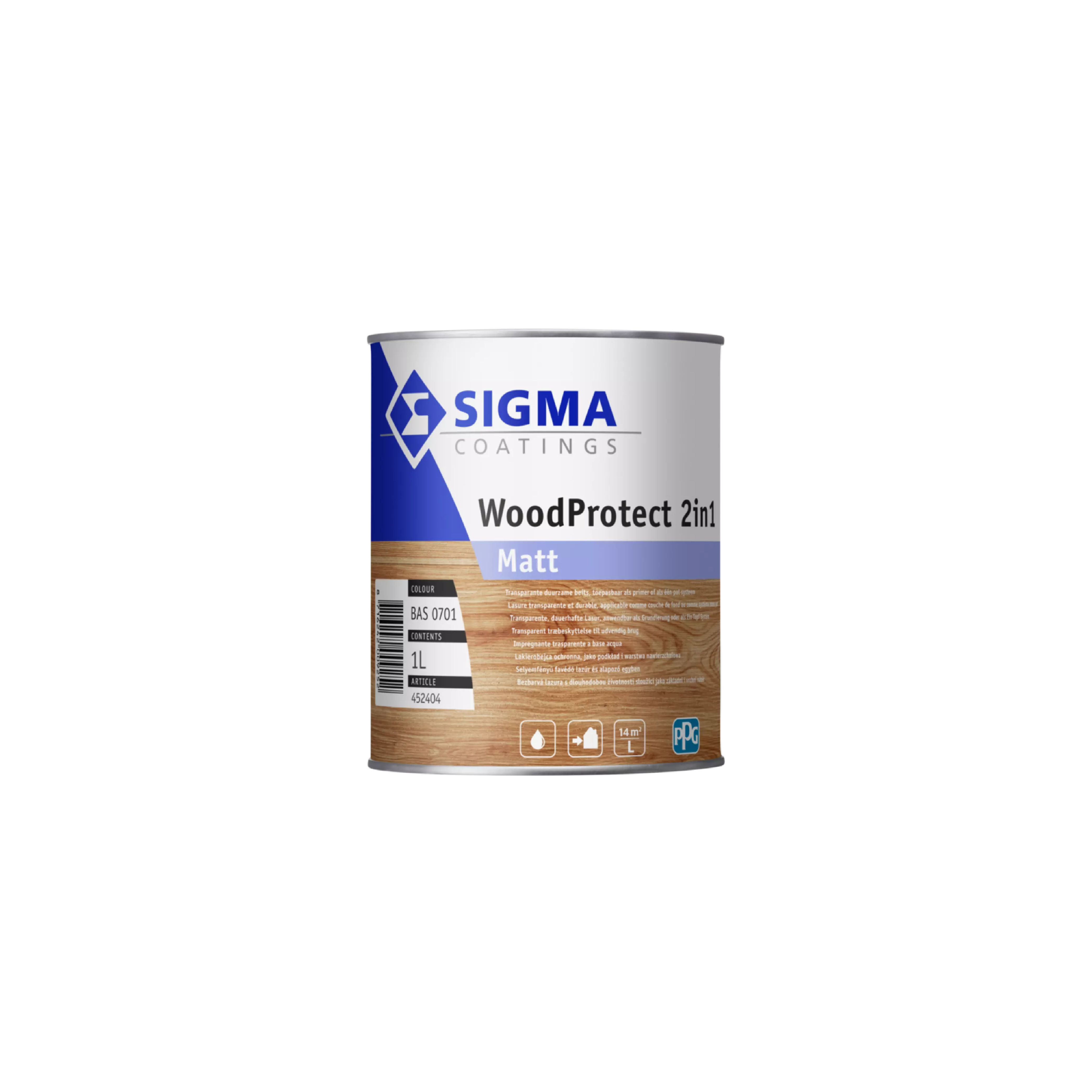 Sigma WoodProtect 2IN1 Matt 1L – vue du pot et teinte échantillon