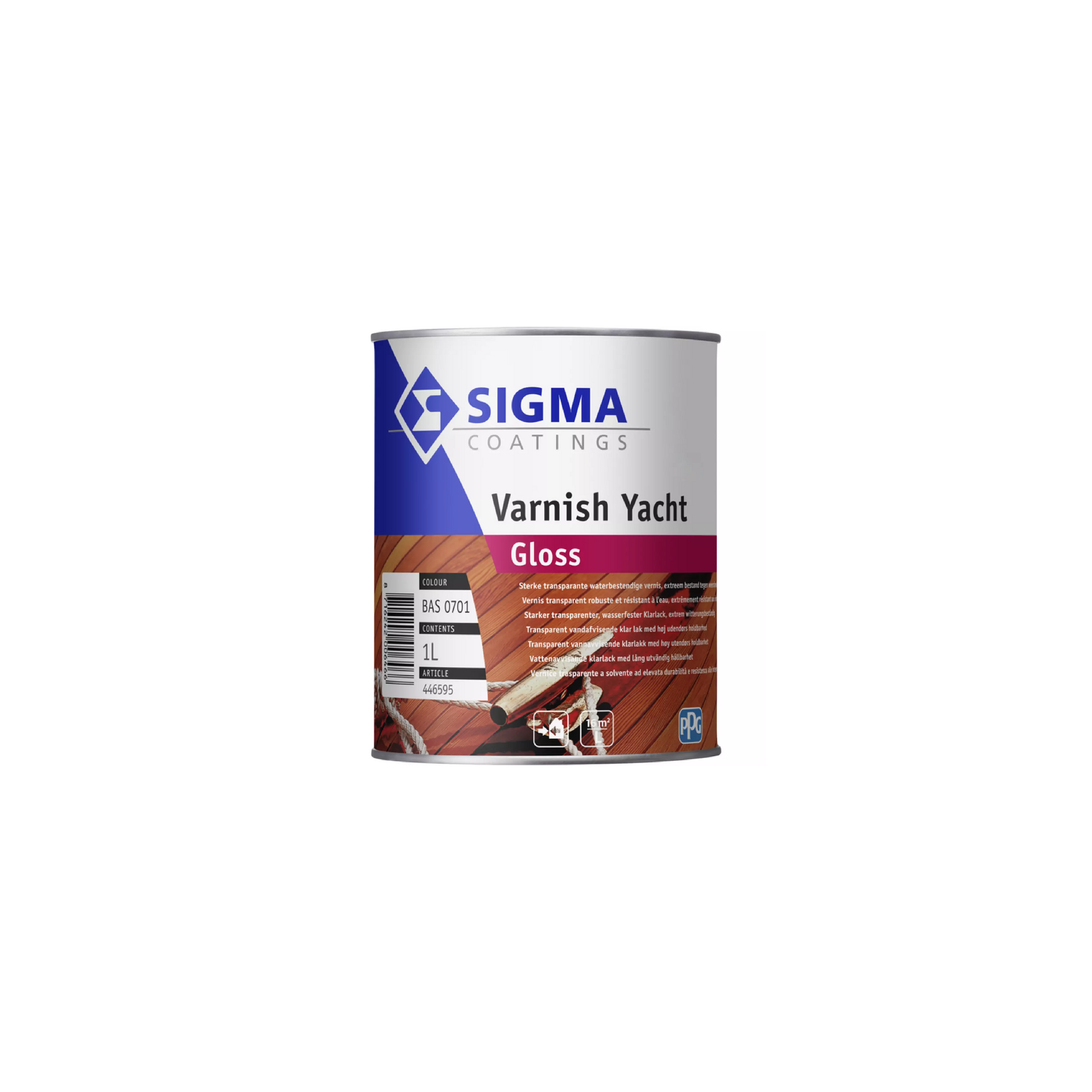 Vernis Sigma Yacht Gloss 1L - pot ouvert et pinceau — finition brillante sur bois