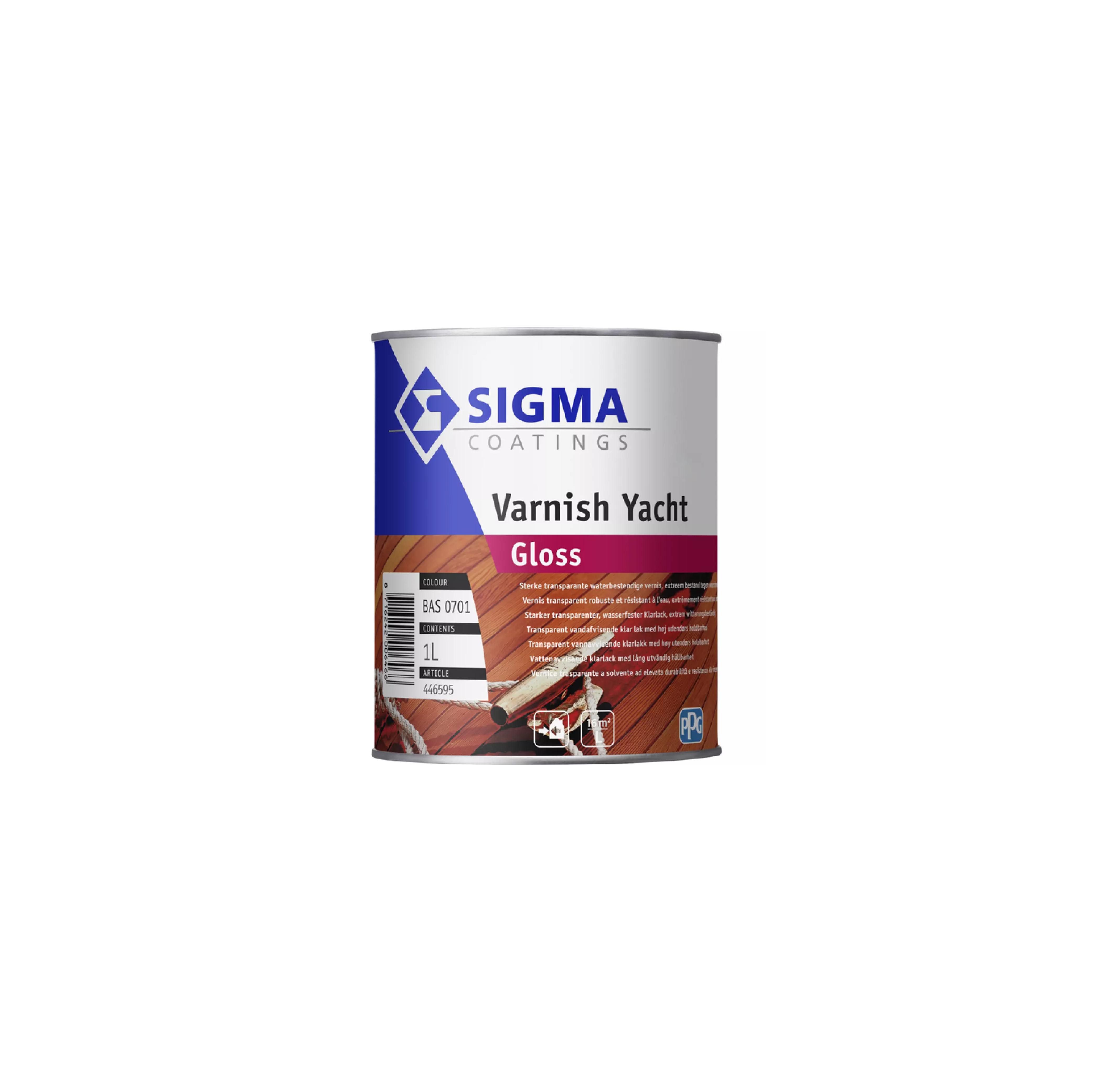 Vernis Sigma Yacht Gloss 1L - pot ouvert et pinceau — finition brillante sur bois