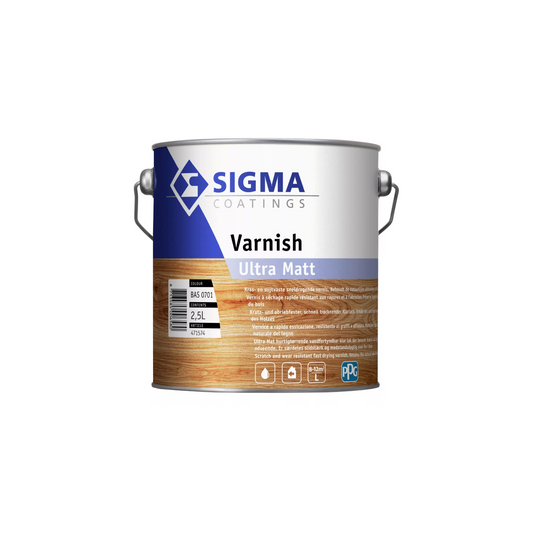 Vernis Sigma Ultra Mat 2,5L – pot et pinceau sur surface bois naturelle